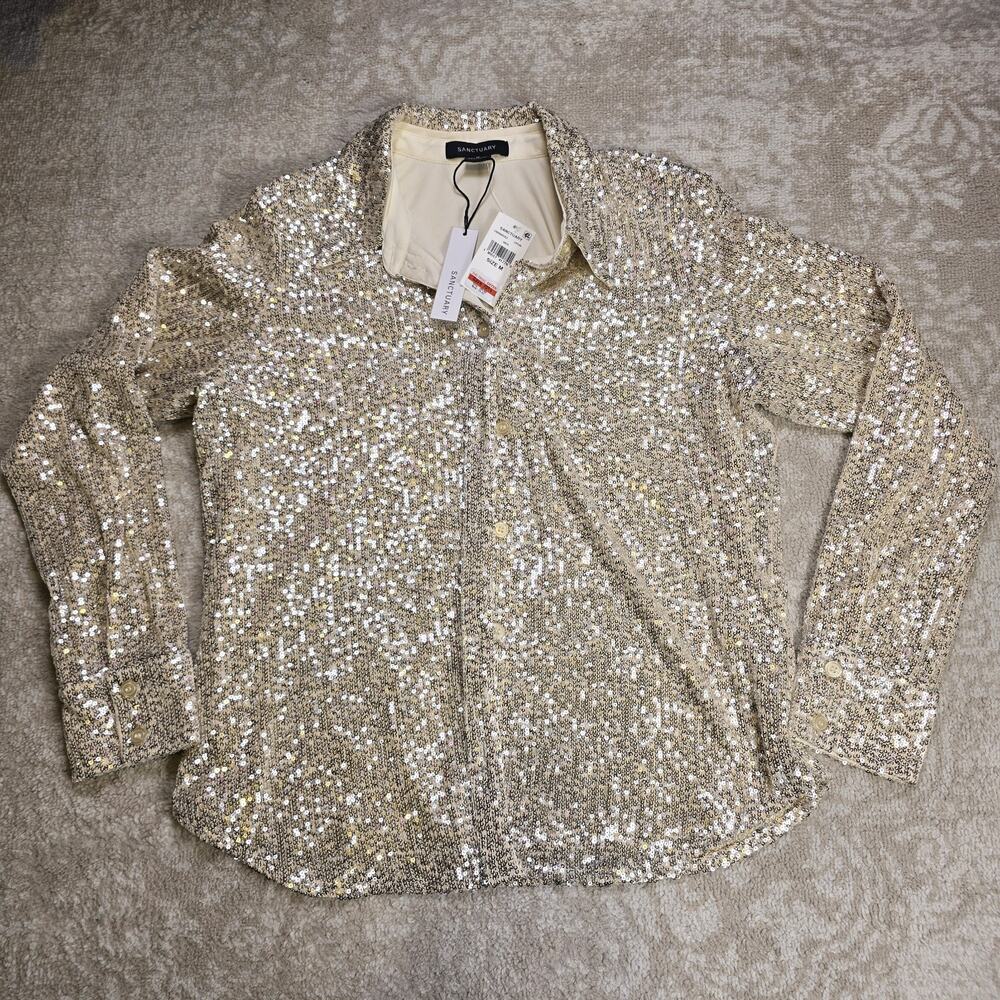Sanctuary Women's Champagne Radiant Long-Sleeve Sequin Shirt, Medium